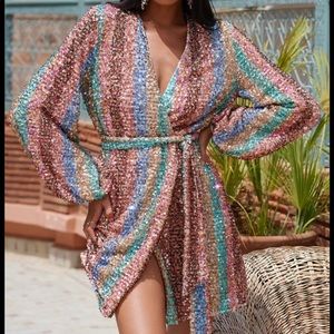 Club London Multi Stripe Sequin Wrap Mini Dress